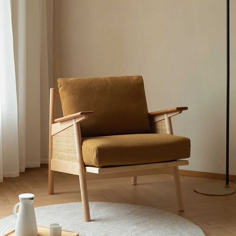 Joylove Nordic Japanese Solid Wood Sofa Chair Retro Living Room Solid Wood Single Sofa Balcony Leisure Armrest Rattan Chair